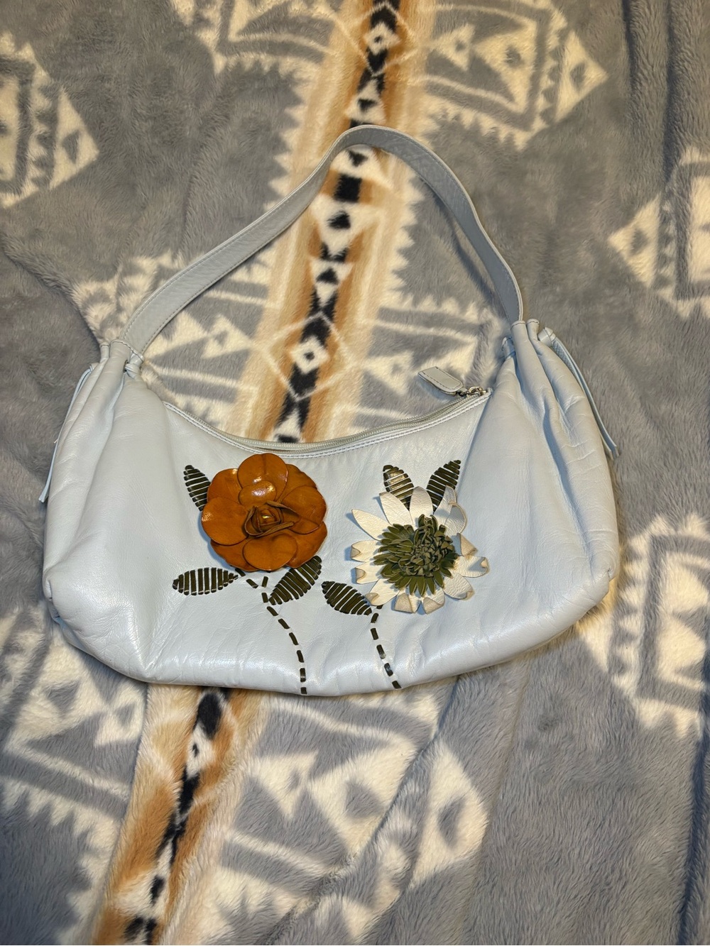 Paolo Masi Light Blue Floral Appliqué Shoulder Bag with Tan Flower
